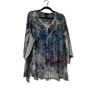 Lane Bryant women’s size 18 20W blue floral print Boho sheer sequin v neck top